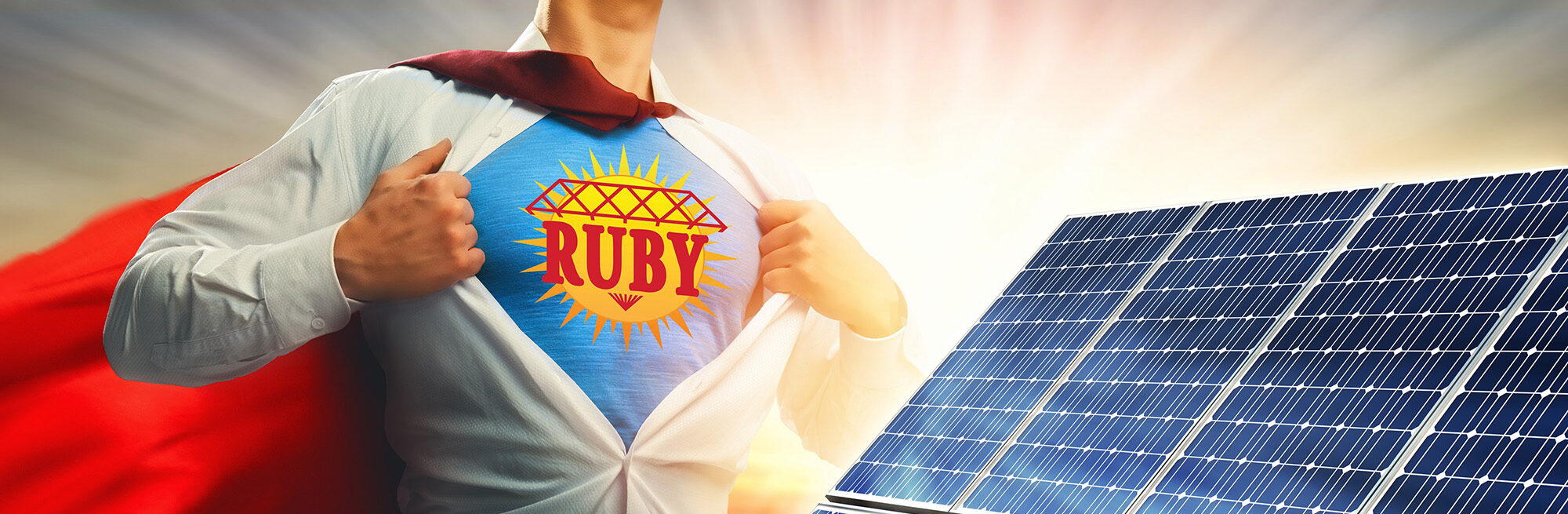 Ruby Electric Inc. graphic depicting super hero concept beside solar panels - Springfield, IL