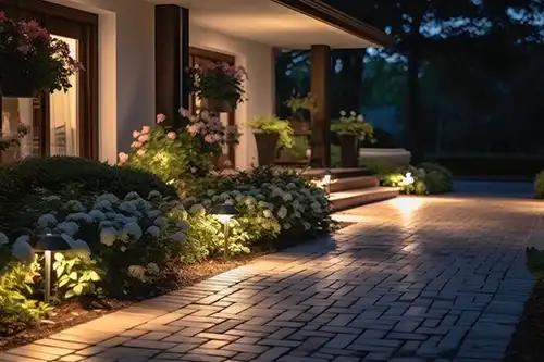 Ruby Electric, Inc.—A modern garden with an illuminated pathway in front of a residential home in Springfield, IL, with beautiful outdoor lighting.