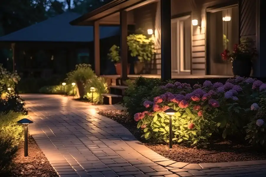 Ruby Electric, Inc. – A Springfield, IL home illuminated at night, with outdoor lighting lining the walkway that leads to the entrance of the home.