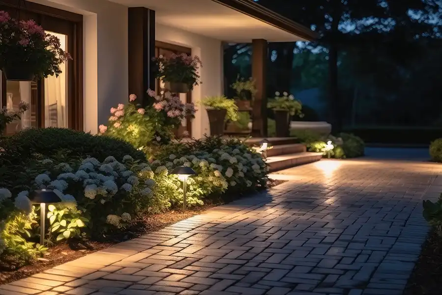 Ruby Electric, Inc.—A modern garden with an illuminated pathway in front of a residential home in Springfield, IL, with beautiful outdoor lighting.