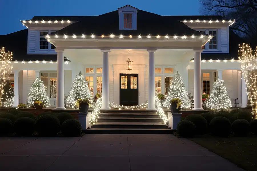 Ruby Electric, Inc.—A modern home lit up with white lighting for the holidays in Springfield, IL.