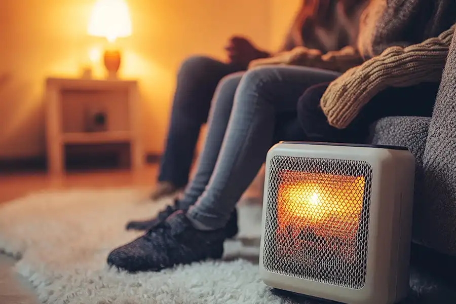 Ruby Electric, Inc.—Two people enjoying a cozy evening indoors with a space heater during winter in Springfield, IL.